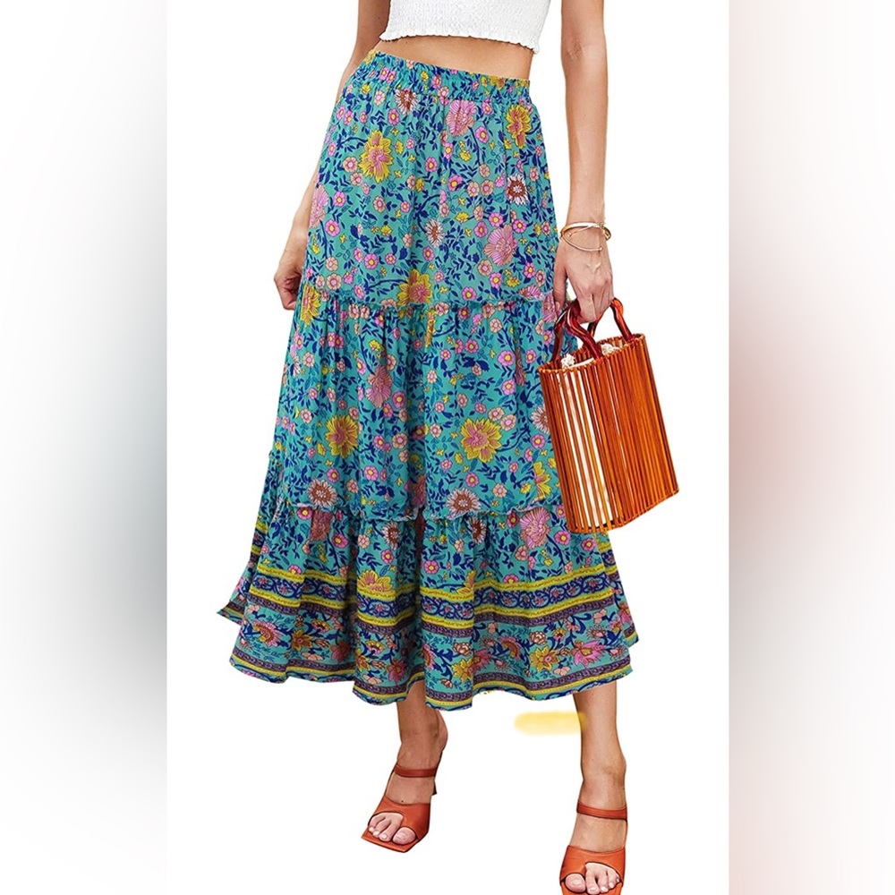 Hibluco Women's Floral Midi Skirts Elastic High Waist A-Line Swing Skirts